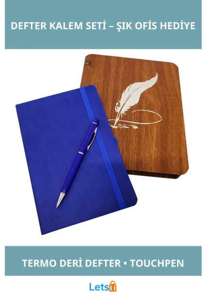 Ahşap Kutulu Termo Deri Defter ve Metal Kalem Seti