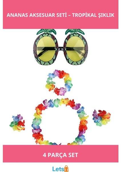 Renkli Ananas Temalı Gözlük, Taç, Kolye ve Bileklik Kombinasyonu