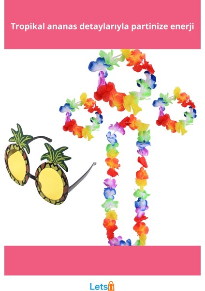 Renkli Ananas Temalı Gözlük, Taç, Kolye ve Bileklik Kombinasyonu fiyatları