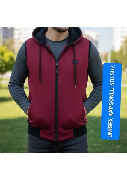 Erkek Kadın Unisex Kapüşonlu Kolsuz Fermuarlı 2 Cepli Sweatshirt