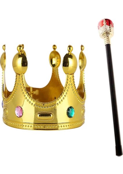Çocuk Boy Altın Renk Kral Tacı ve Kırmızı Topuzlu Kral Asası (K95)
