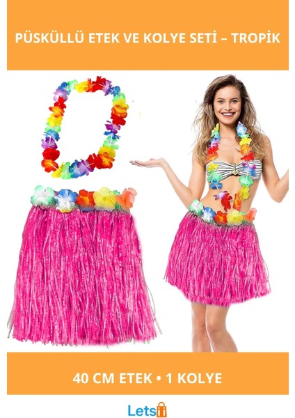 Hawaii Luau Aloha Pembe Püsküllü 40 cm Parti Etek Kolye Seti