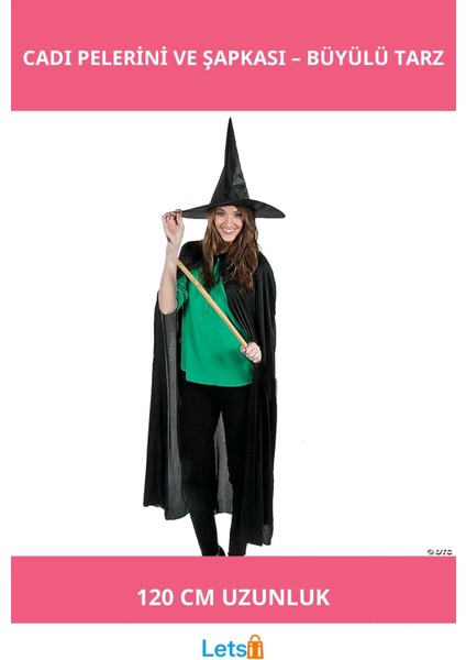 Cadılar Bayramı Parlak Siyah 120 cm Pelerin ve Şapka Kostümü