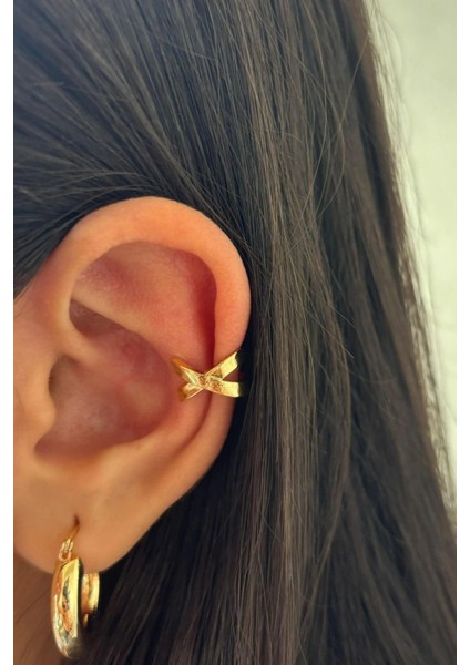 Çapraz Görünüm Kadın Sıkıştırmalı Earcuff Kıkırdak Küpe Gold