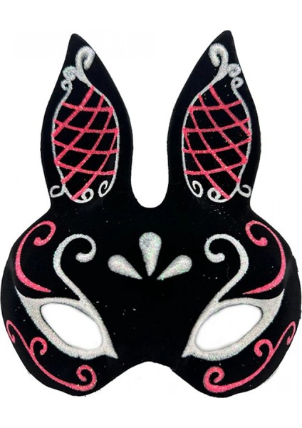 Siyah Renk Kırmızı Beyaz Simli Siyah Süet Kaplama Tavşan Maskesi 18X16 cm (K95)