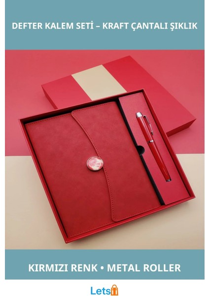 Şık Kırmızı Deri Defter Metal Roller Kalem Hediye Seti
