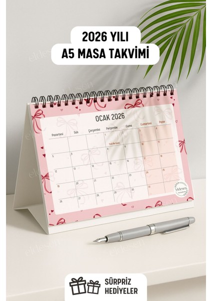 2026 Masa Takvimi Spiralli A5 (21X16CM) Büyük Boy / Resmi Tatiller ve Hafta Sonları / 12 Aylık