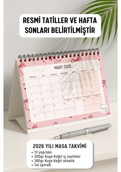 2026 Masa Takvimi Spiralli A5 (21X16CM) Büyük Boy / Resmi Tatiller ve Hafta Sonları / 12 Aylık fiyatları