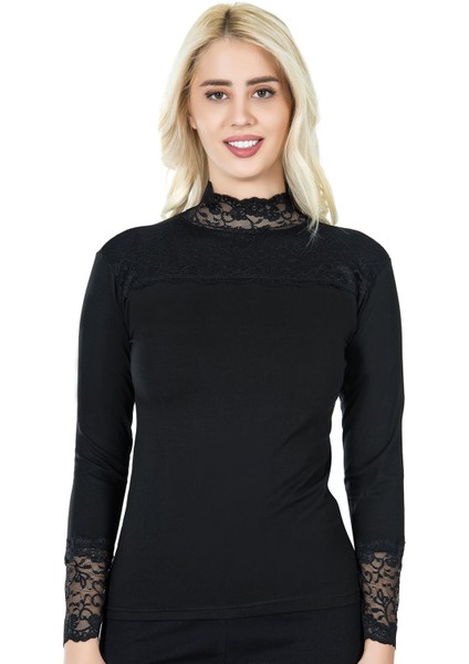 Uzun Kol Balıkçı Yaka Dantelli Kadın Tişört 241