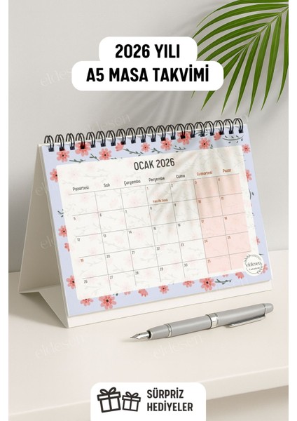 2026 Masa Takvimi Spiralli A5 (21X16CM) Büyük Boy / Resmi Tatiller ve Hafta Sonları / 12 Aylık