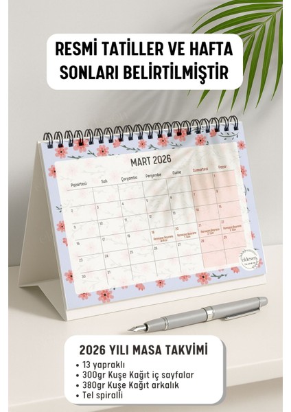 2026 Masa Takvimi Spiralli A5 (21X16CM) Büyük Boy / Resmi Tatiller ve Hafta Sonları / 12 Aylık fiyatları