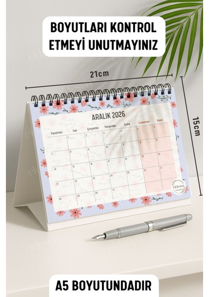 2026 Masa Takvimi Spiralli A5 (21X16CM) Büyük Boy / Resmi Tatiller ve Hafta Sonları / 12 Aylık modelleri