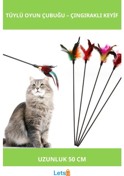 Çıngıraklı Tüylü Kedi Oyun Çubuğu 50 cm Eşsiz Eğlence