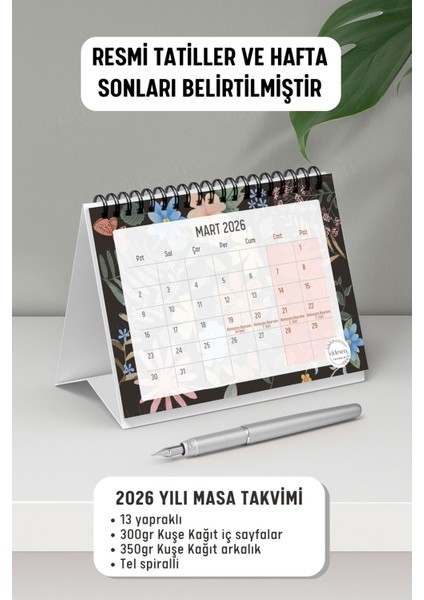 2026 Masa Takvimi Spiralli A6 (15X12CM) Orta Boy / Resmi Tatiller ve Hafta Sonları / 12 Aylık fiyatları