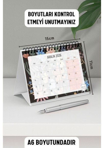 2026 Masa Takvimi Spiralli A6 (15X12CM) Orta Boy / Resmi Tatiller ve Hafta Sonları / 12 Aylık modelleri