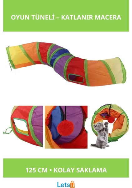 Katlanabilir Polyesterdan Yapılmış Kedi Oyun Tüneli 125 cm