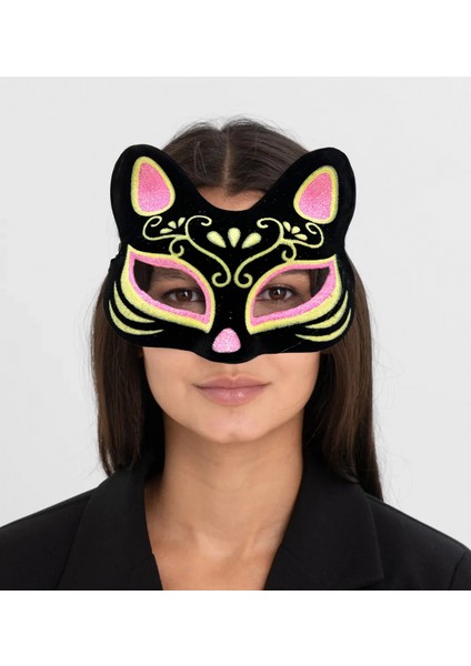 Siyah Renk Süet Kaplama Üzeri Pembe Sarı Simli Kedi Maskesi 17X14 cm (K95) fiyatları