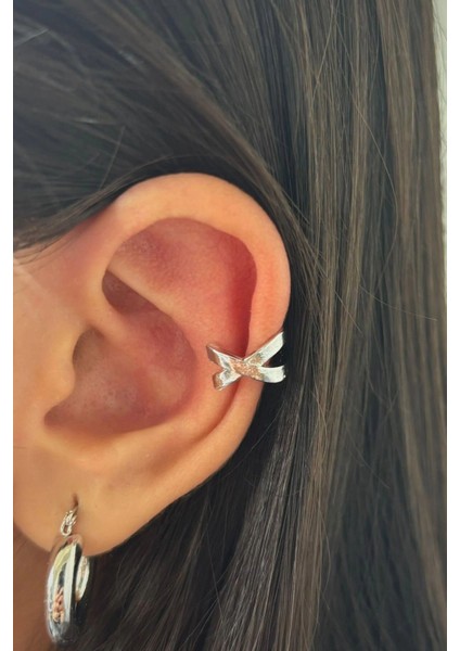 Çapraz Görünüm Kadın Sıkıştırmalı Earcuff Kıkırdak Küpe Gümüş