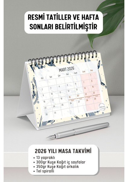 2026 Masa Takvimi Spiralli A6 (15X12CM) Orta Boy / Resmi Tatiller ve Hafta Sonları / 12 Aylık fiyatları