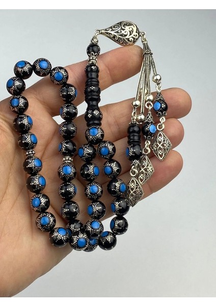 Mavi Mineli Kuka Tesbih 925 Ayar Gümüş Püskül 45 Gram 35 cm