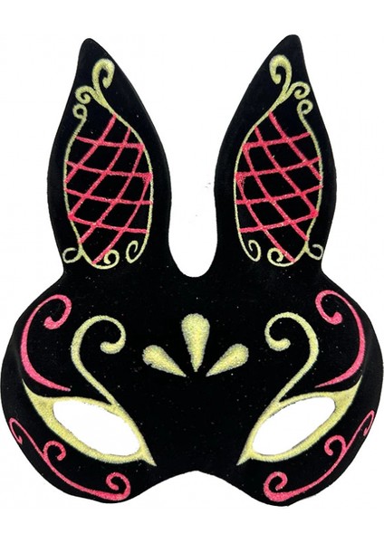 Siyah Renk Kırmızı Gold Simli Siyah Süet Kaplama Tavşan Maskesi 18X16 cm (K95)