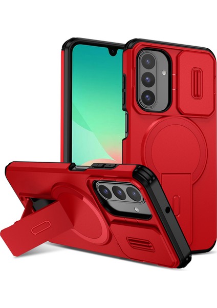Samsung Galaxy A26/A17 5g/4g Için Manyetik Kılıf, Kayar Kamera Korumalı Çift Katmanlı Darbeye Dayanıklı Telefon Kılıfı, Ayarlanabilir Stand, Kırmızı (Yurt Dışından)