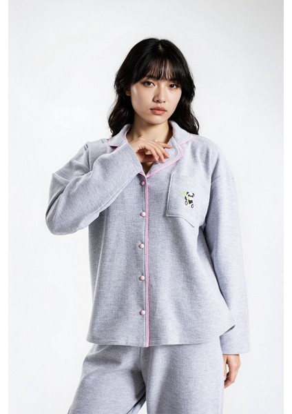 Kadın Gri Melanj Waffle Panda Kingdom Bebe Yaka Uzun Kol Pantolon Pijama Takım fiyatları