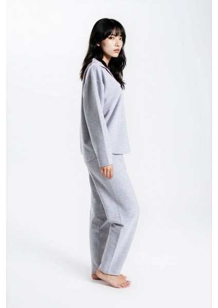 Kadın Gri Melanj Waffle Panda Kingdom Bebe Yaka Uzun Kol Pantolon Pijama Takım modelleri