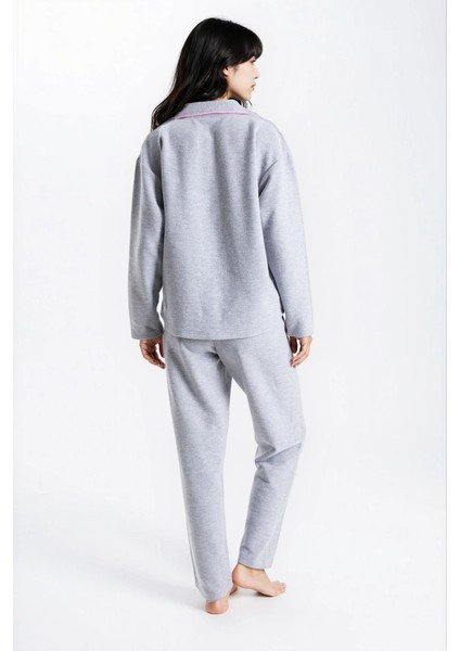 Kadın Gri Melanj Waffle Panda Kingdom Bebe Yaka Uzun Kol Pantolon Pijama Takım fırsatları