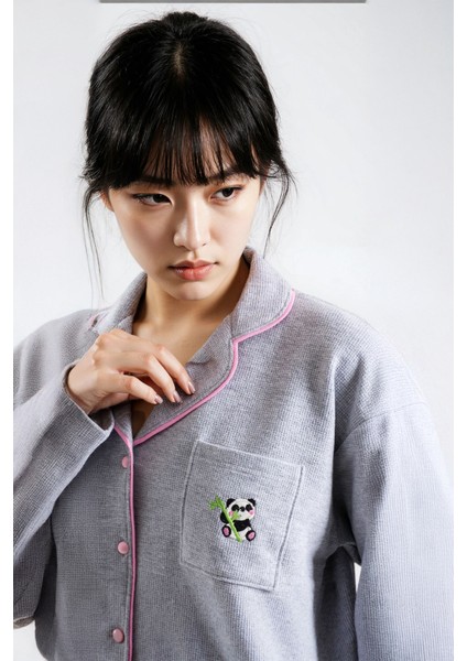 Kadın Gri Melanj Waffle Panda Kingdom Bebe Yaka Uzun Kol Pantolon Pijama Takım indirimleri