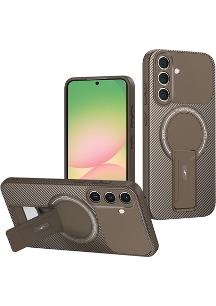 Samsung Galaxy A36/A56 Için Standlı Manyetik Karbon Fiber Tasarım Tpu Hibrit Telefon Kılıfı, Kahverengi (Yurt Dışından)