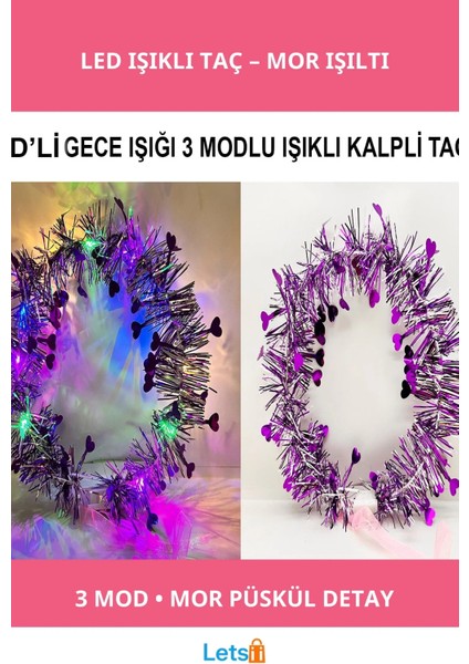 Kalp Püsküllü 3 Modlu LED Işıklı Taç Mor Renk