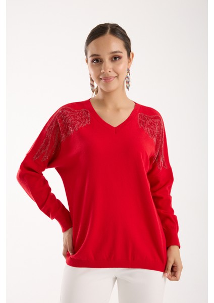Kadın Kırmızı Omuzları Taş Detaylı V Yaka Triko Bluz