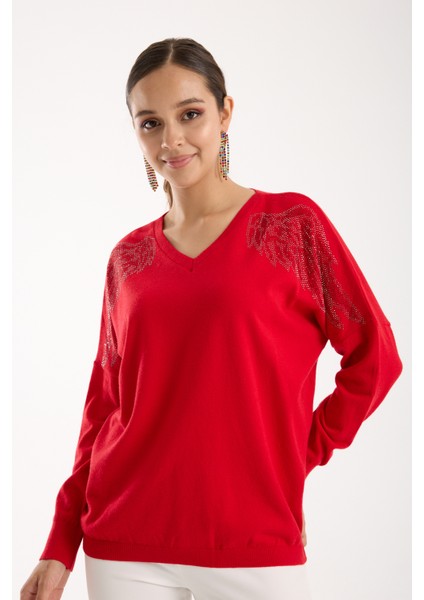 Kadın Kırmızı Omuzları Taş Detaylı V Yaka Triko Bluz modelleri