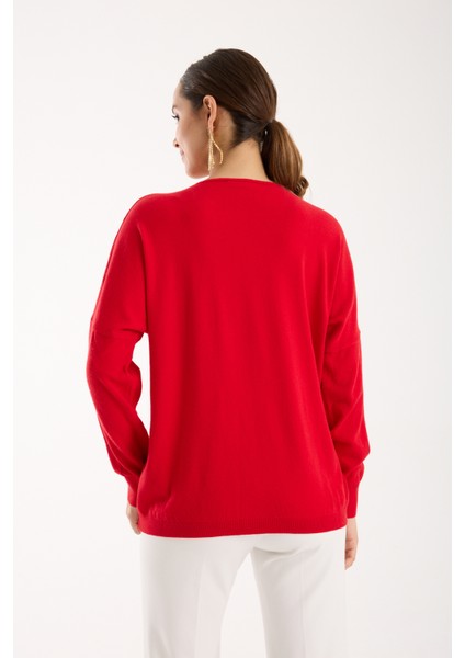 Kadın Kırmızı Omuzları Taş Detaylı V Yaka Triko Bluz fırsatları