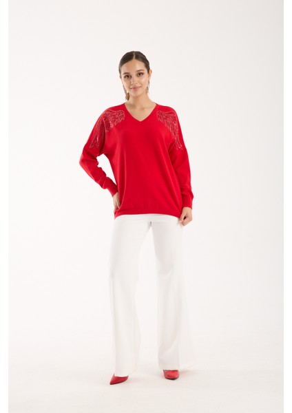 Kadın Kırmızı Omuzları Taş Detaylı V Yaka Triko Bluz