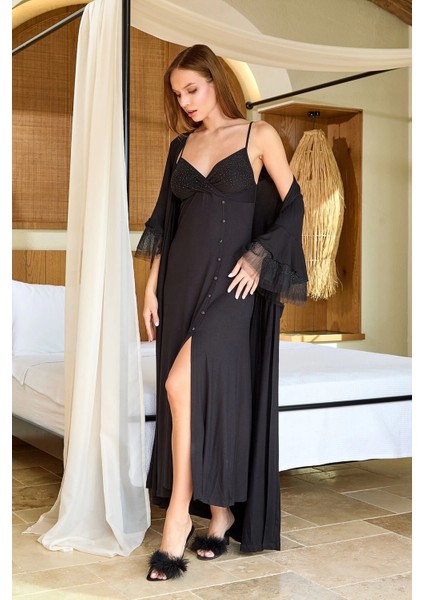 Aqua 25589 Kadın Uzun Şifon Detay Sabahlık modelleri