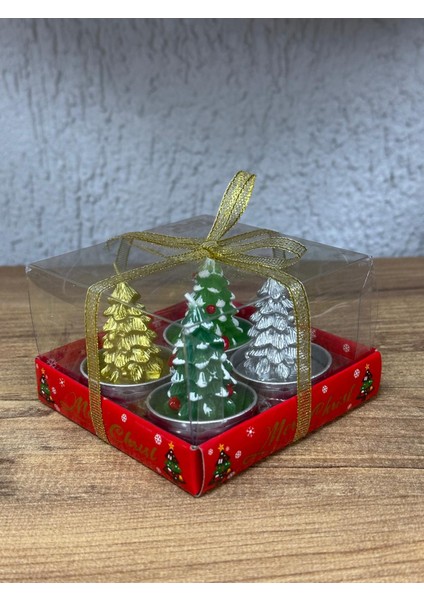 Yılbaşı 4'lü Mum Seti, Noel Çam Ağacı Mum, Dekoratif, Yılbaşı Hediyelik, Süsleme