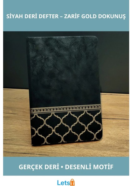 Gold Işlemeli Şık Siyah Deri Defter 21 x 15 cm 96 Yaprak