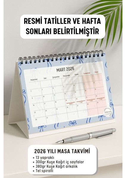 2026 Masa Takvimi Spiralli A5 (21X16CM) Büyük Boy / Resmi Tatiller ve Hafta Sonları / 12 Aylık fiyatları