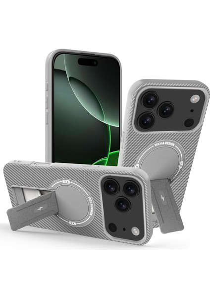 iPhone 17 Pro Için Manyetik Kılıf, Karbon Fiber Tasarım, Standlı Tpu Hibrit Telefon Kılıfı, Gri (Yurt Dışından)