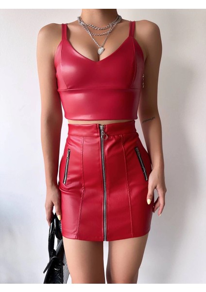 Üç Fermuarlı Deri Etek Bordo S24510