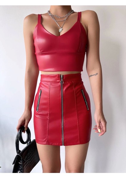 Üç Fermuarlı Deri Etek Bordo S24510 indirimleri