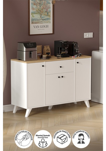 4 Kapaklı Dolap Çekmeceli Çok Amaçlı Dolap Mutfak Dolabı Kahve Köşesi Kiler Ilayda Safir Meşe Beyaz