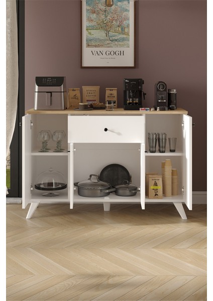 4 Kapaklı Dolap Çekmeceli Çok Amaçlı Dolap Mutfak Dolabı Kahve Köşesi Kiler Ilayda Safir Meşe Beyaz fırsatları