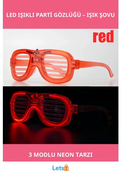 Kırmızı Neon LED Işıklı Parti Gözlüğü 3 Modlu