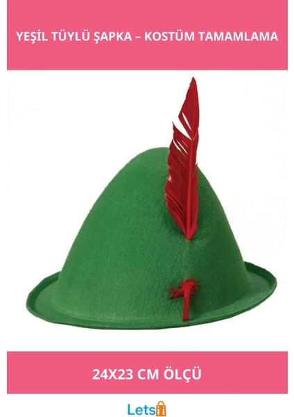 Yeşil Renk Kırmızı Tüylü Peter Pan Şapkası