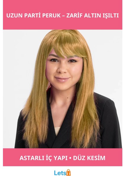 Altın Renk Düz Kesim Iç Astar Uzun Parti Peruğu