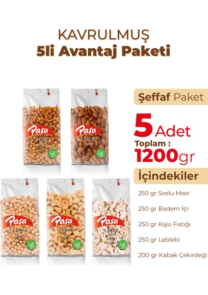 5’li Kavrulmuş Kuruyemiş Paketi 1.2 kg | Soslu Mısır, Badem, Kaju, Leblebi, Kabak Çekirdeği fiyatları
