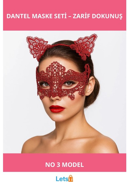 Romantik Kırmızı Dantel Maske Kedi Kulaklı Taç Seti